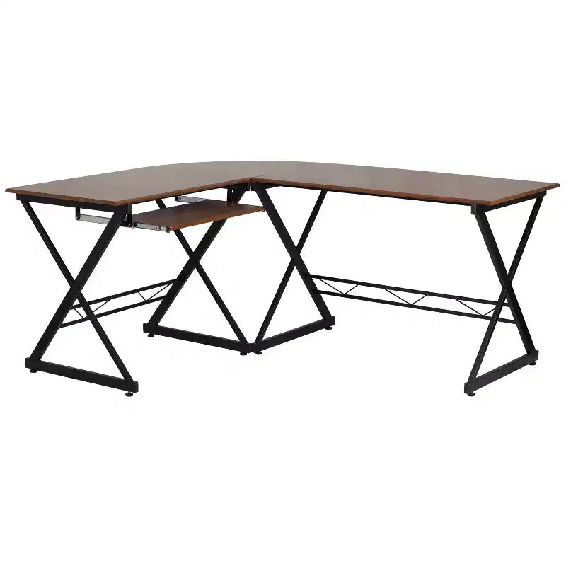 Escritorio para computadora en forma de L de laminado de teca con bandeja deslizante para teclado de Flash Furniture