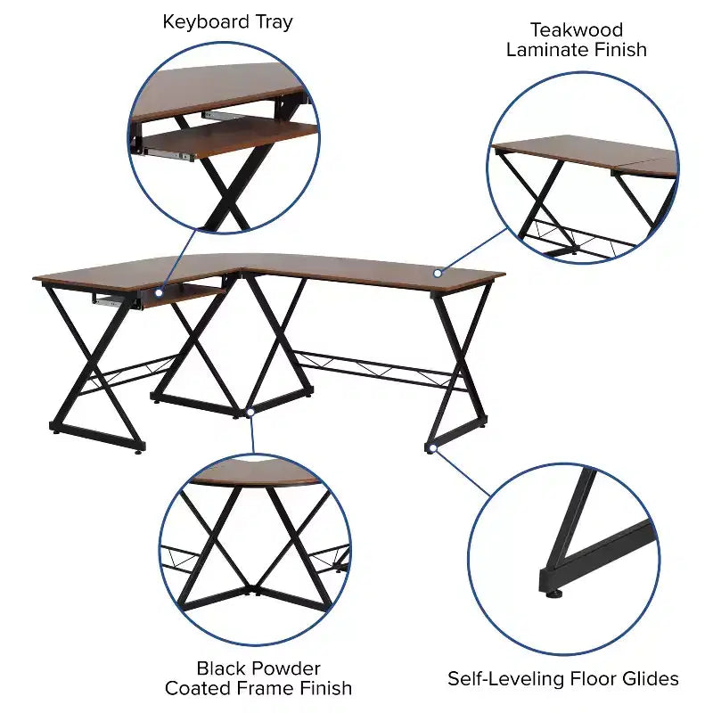 Escritorio para computadora en forma de L de laminado de teca con bandeja deslizante para teclado de Flash Furniture