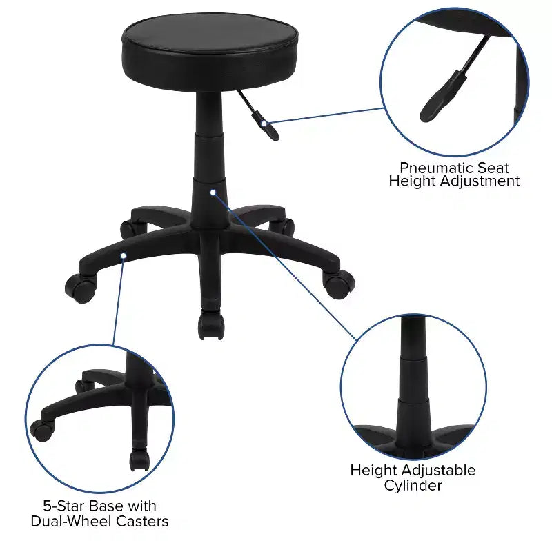Taburete de doctor ajustable negro Flash Furniture con ruedas y asiento ergonómico moldeado