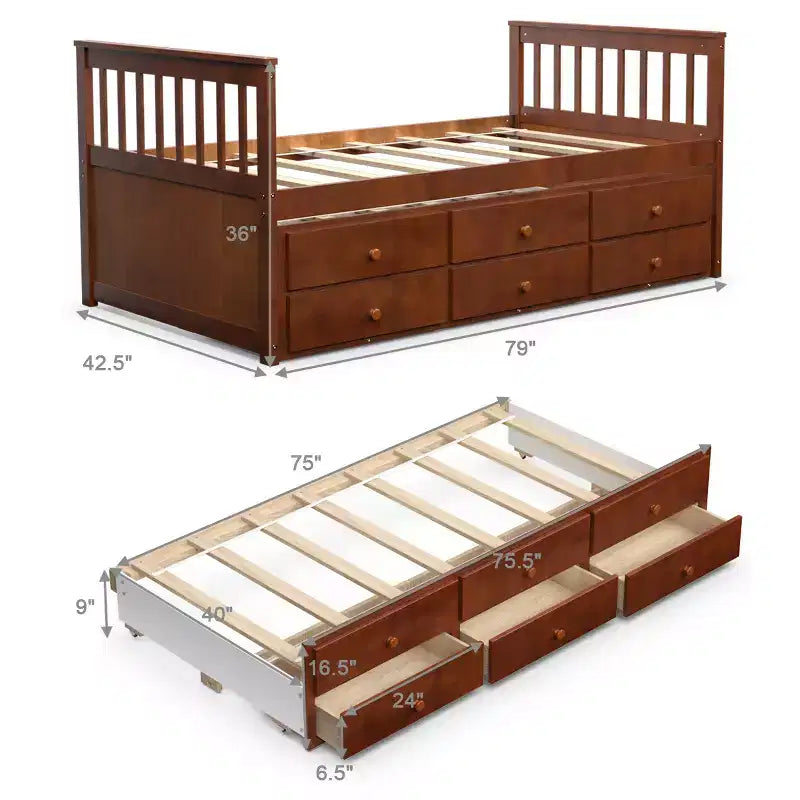 Cama Capitán Doble de Costway, Alternativa a Litera con Nido y Cajones para Niños NuezExpresoBlanco