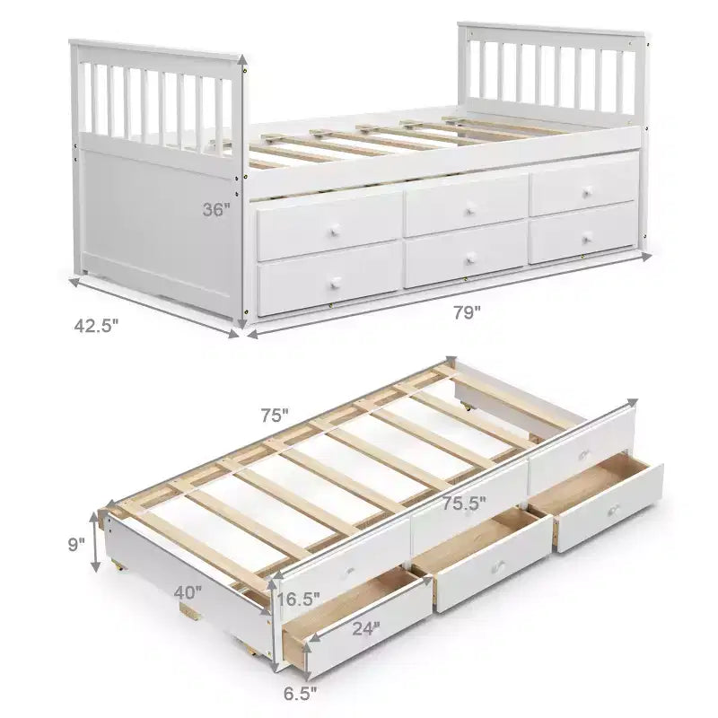 Cama Capitán Doble de Costway, Alternativa a Litera con Nido y Cajones para Niños NuezExpresoBlanco