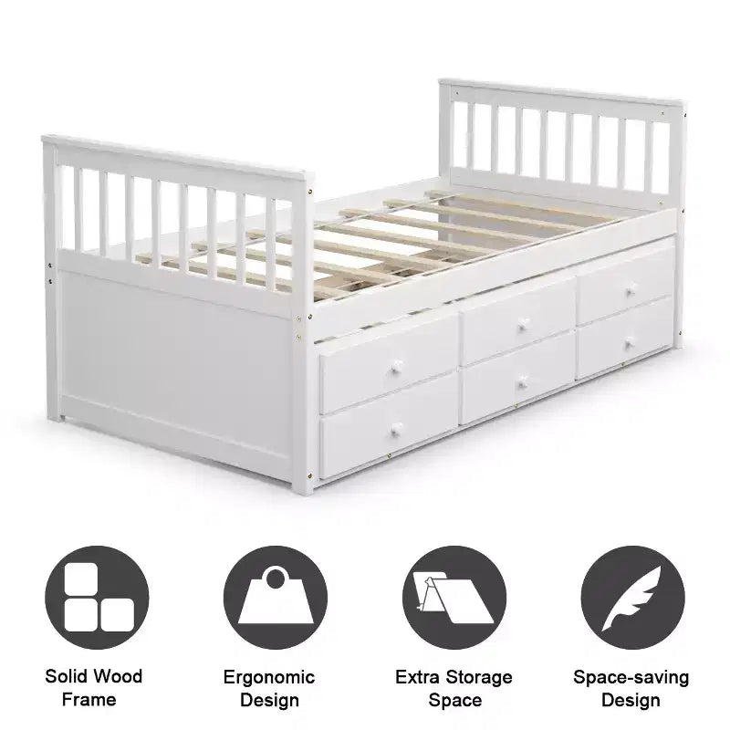 Cama Capitán Doble de Costway, Alternativa a Litera con Nido y Cajones para Niños NuezExpresoBlanco