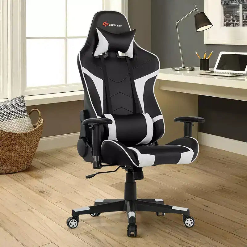 Silla de oficina para juegos reclinable Costway con masaje, giratoria, estilo carreras, con soporte lumbar