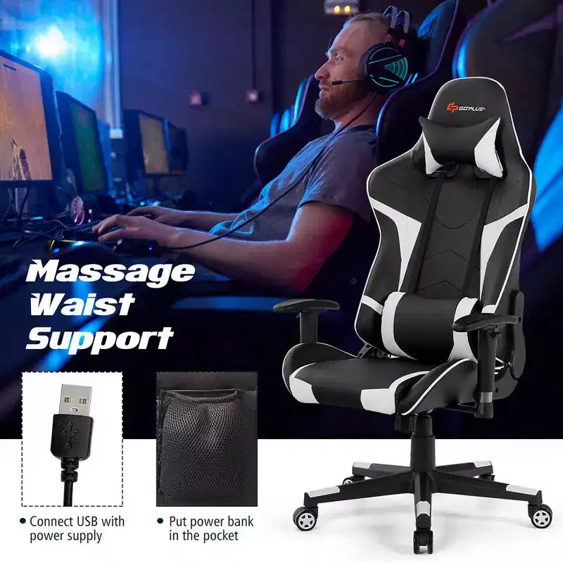 Silla de oficina para juegos reclinable Costway con masaje, giratoria, estilo carreras, con soporte lumbar