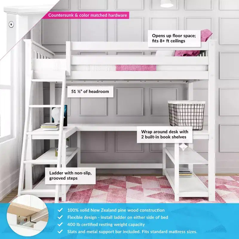 Cama alta doble Max & Lily, cama alta de madera maciza con escritorio y estantes de almacenamiento para niños