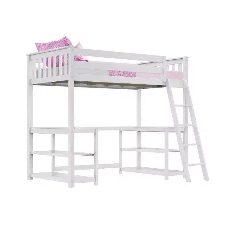 Cama alta doble Max & Lily, cama alta de madera maciza con escritorio y estantes de almacenamiento para niños