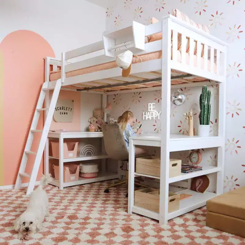 Cama alta doble Max & Lily, cama alta de madera maciza con escritorio y estantes de almacenamiento para niños