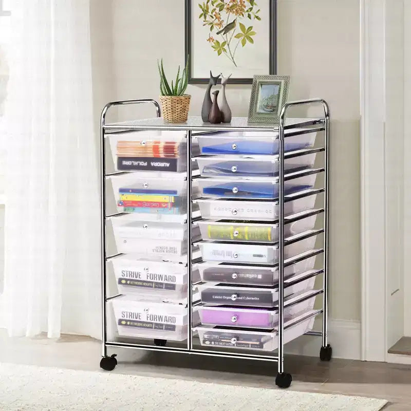 Costway Carrito organizador rodante de 15 cajones para arte y manualidades, herramientas, papel de scrapbooking, oficina, escuela, transparente