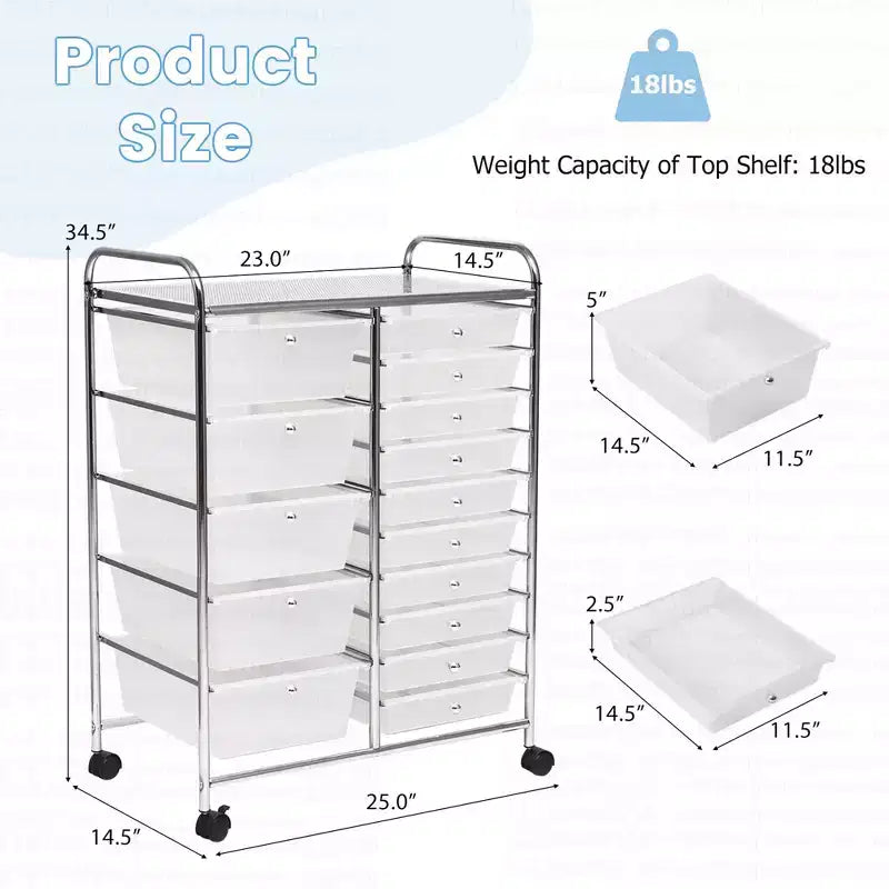 Costway Carrito organizador rodante de 15 cajones para arte y manualidades, herramientas, papel de scrapbooking, oficina, escuela, transparente