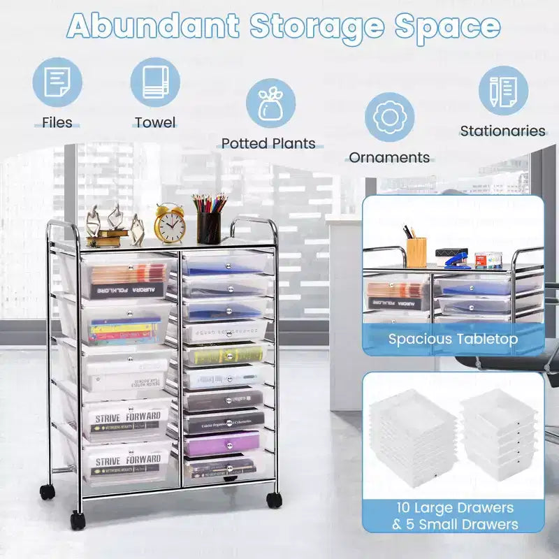 Costway Carrito organizador rodante de 15 cajones para arte y manualidades, herramientas, papel de scrapbooking, oficina, escuela, transparente