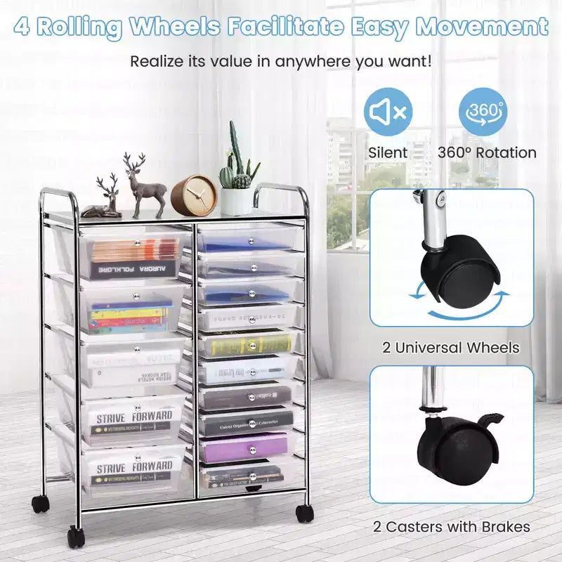 Costway Carrito organizador rodante de 15 cajones para arte y manualidades, herramientas, papel de scrapbooking, oficina, escuela, transparente