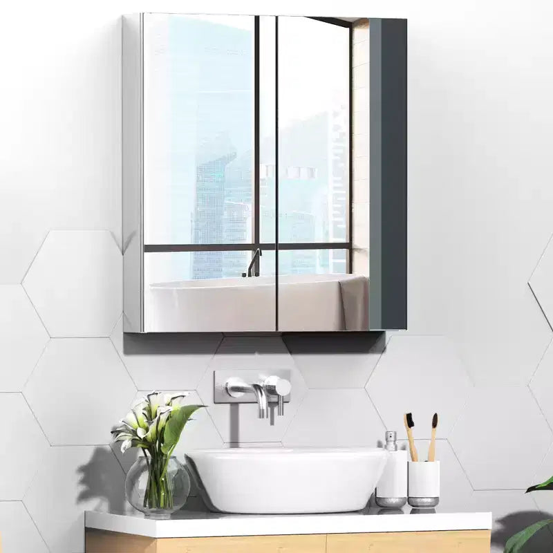 Mueble de baño con espejo kleankin, 61x66 cm, armario botiquín con marco de acero inoxidable, organizador de almacenamiento montado en la pared con puertas dobles, plata