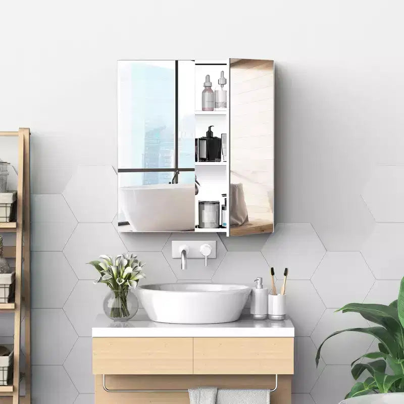 Mueble de baño con espejo kleankin, 61x66 cm, armario botiquín con marco de acero inoxidable, organizador de almacenamiento montado en la pared con puertas dobles, plata
