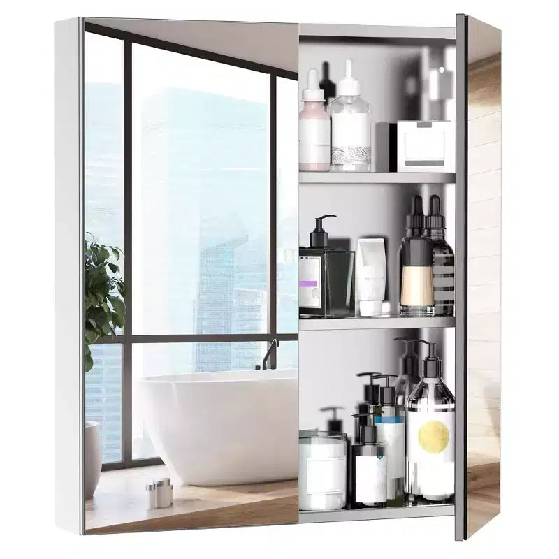 Mueble de baño con espejo kleankin, 61x66 cm, armario botiquín con marco de acero inoxidable, organizador de almacenamiento montado en la pared con puertas dobles, plata
