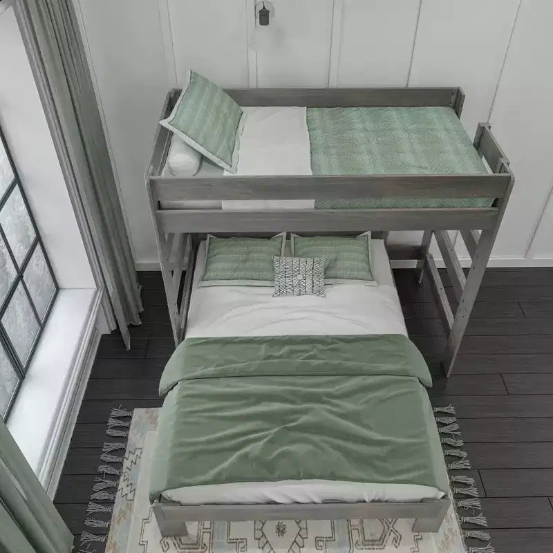 Litera moderna de madera maciza estilo casa de campo Max & Lily, estructura en L, individual sobre matrimonial, para niños