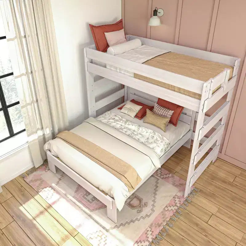 Max & Lily Litera de madera maciza, marco de cama en forma de L de dos plazas con cama de matrimonio, estilo moderno de granja para niños