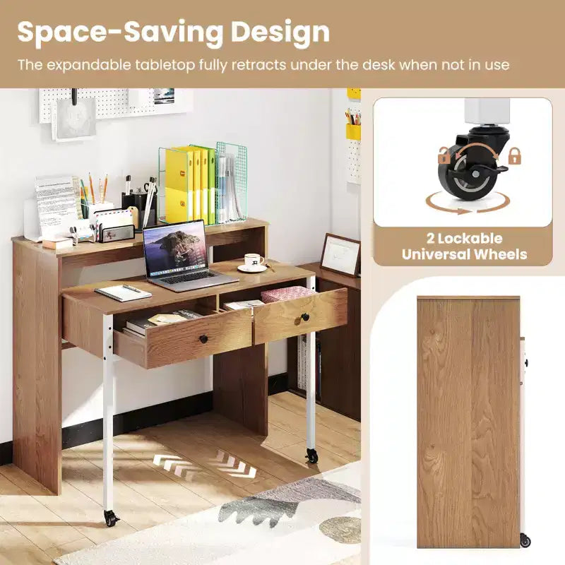 Costway Escritorio para computadora expandible de 39.5 pulgadas con ruedas, estante para monitor, escritorio de 2 niveles y 2 cajones