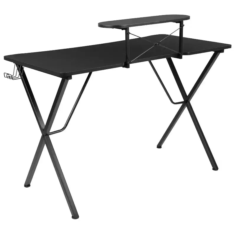 Escritorio de juegos BlackArc con superficie laminada y estructura de acero - Soporte para tazas desmontable, gancho para auriculares y soporte para smartphone/monitor