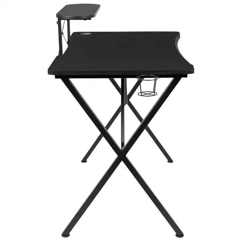 Escritorio de juegos BlackArc con superficie laminada y estructura de acero - Soporte para tazas desmontable, gancho para auriculares y soporte para smartphone/monitor
