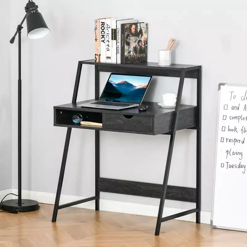 Escritorio HOMCOM para oficina en casa, escritorio para computadora para espacios pequeños, mesa de estudio con cajón y estantes de almacenamiento