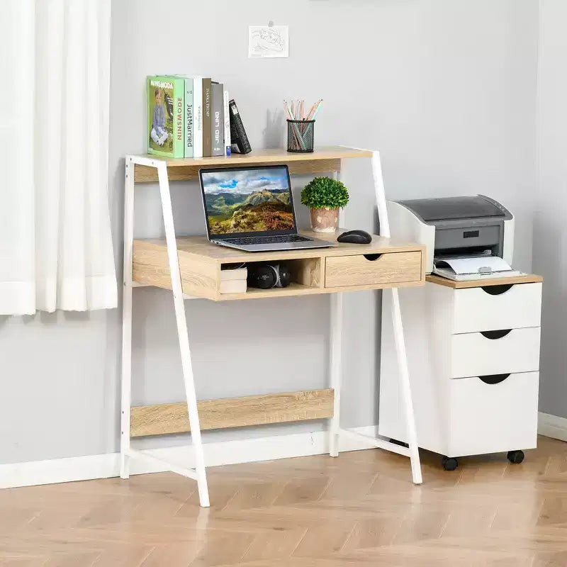 Escritorio HOMCOM para oficina en casa, escritorio para computadora para espacios pequeños, mesa de estudio con cajón y estantes de almacenamiento