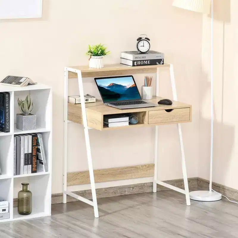 Escritorio HOMCOM para oficina en casa, escritorio para computadora para espacios pequeños, mesa de estudio con cajón y estantes de almacenamiento