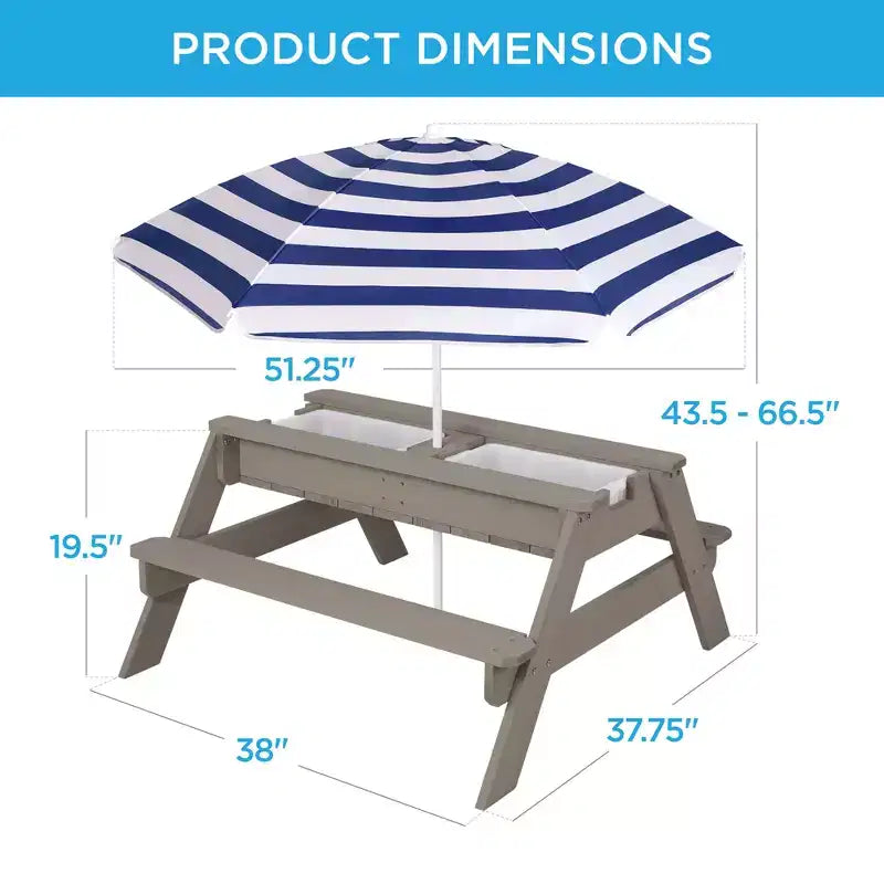 Mesa de picnic 3 en 1 para niños de Best Choice Products, para actividades al aire libre con arena y agua, con sombrilla