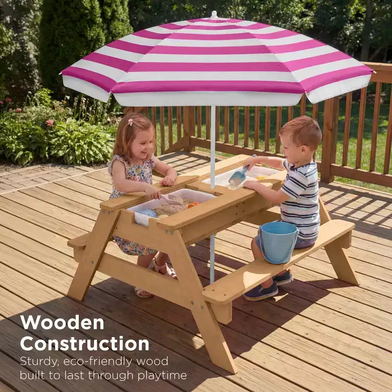 Mesa de picnic 3 en 1 para niños de Best Choice Products, para actividades al aire libre con arena y agua, con sombrilla