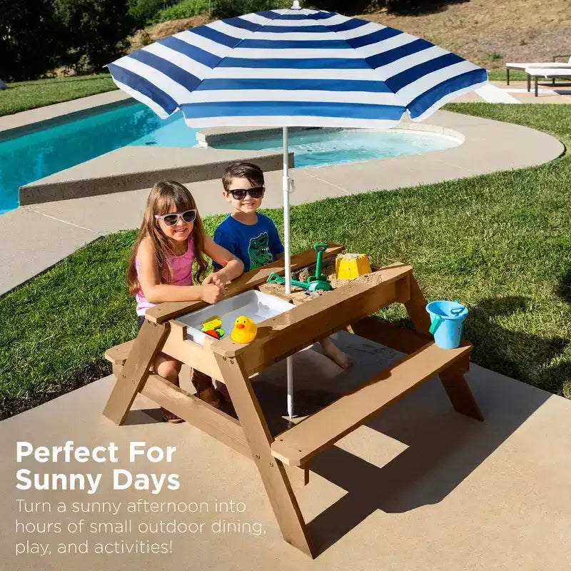 Mesa de picnic 3 en 1 para niños de Best Choice Products, para actividades al aire libre con arena y agua, con sombrilla