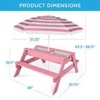 Mesa de picnic 3 en 1 para niños de Best Choice Products, para actividades al aire libre con arena y agua, con sombrilla