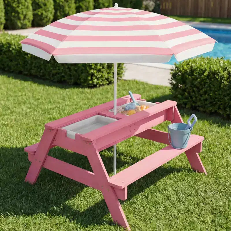 Mesa de picnic 3 en 1 para niños de Best Choice Products, para actividades al aire libre con arena y agua, con sombrilla