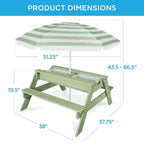 Mesa de picnic 3 en 1 para niños de Best Choice Products, para actividades al aire libre con arena y agua, con sombrilla