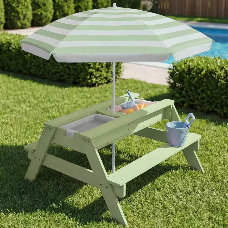 Mesa de picnic 3 en 1 para niños de Best Choice Products, para actividades al aire libre con arena y agua, con sombrilla