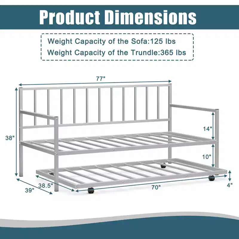 Costway Sofá Cama Nido de Metal Individual con Ruedas Marco Resistente Juego de Sofá Cama