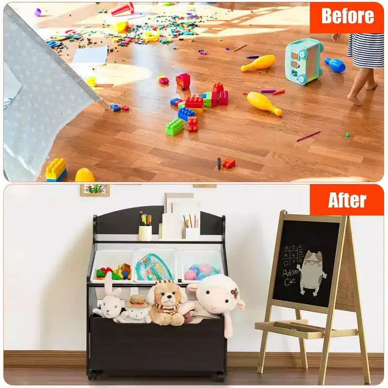 Mueble Organizador de Juguetes de Madera para Niños Costway con Caja de Juguetes con Ruedas y Contenedores de Plástico Natural/Espresso