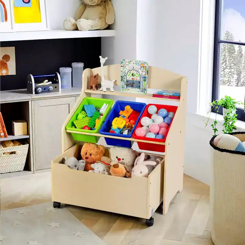 Mueble Organizador de Juguetes de Madera para Niños Costway con Caja de Juguetes con Ruedas y Contenedores de Plástico Natural/Espresso