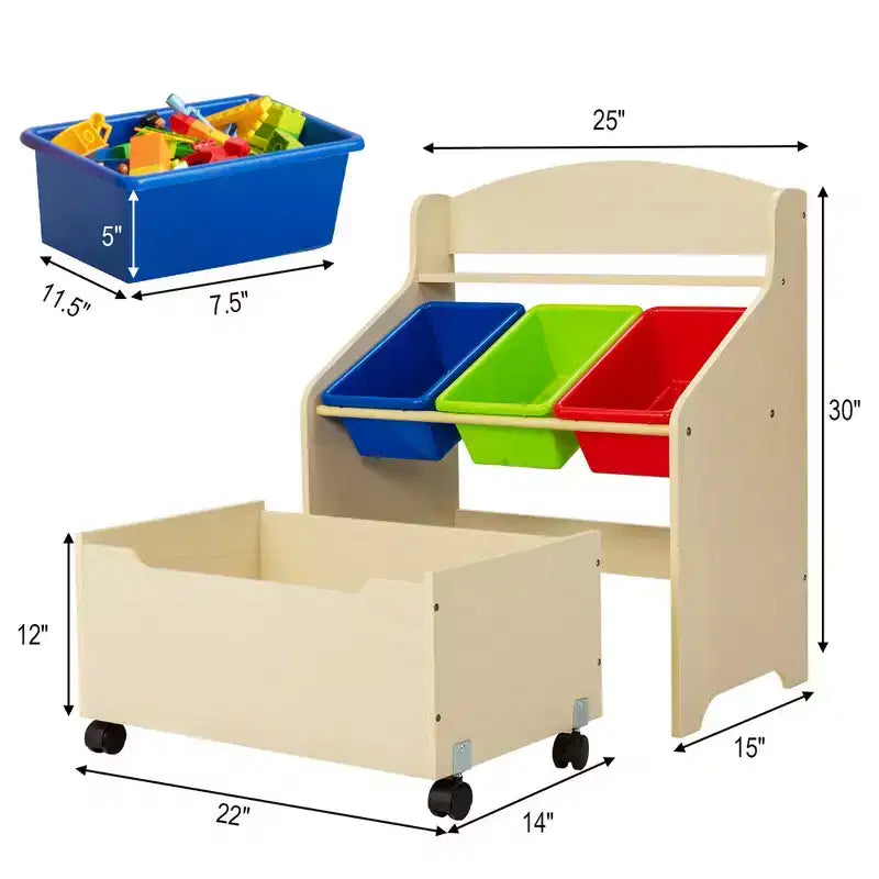 Mueble Organizador de Juguetes de Madera para Niños Costway con Caja de Juguetes con Ruedas y Contenedores de Plástico Natural/Espresso