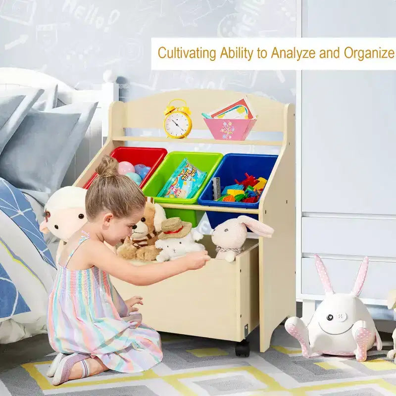 Mueble Organizador de Juguetes de Madera para Niños Costway con Caja de Juguetes con Ruedas y Contenedores de Plástico Natural/Espresso