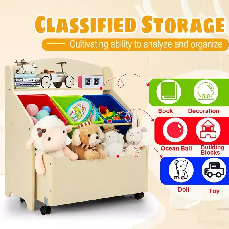 Mueble Organizador de Juguetes de Madera para Niños Costway con Caja de Juguetes con Ruedas y Contenedores de Plástico Natural/Espresso
