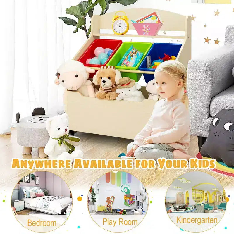 Mueble Organizador de Juguetes de Madera para Niños Costway con Caja de Juguetes con Ruedas y Contenedores de Plástico Natural/Espresso