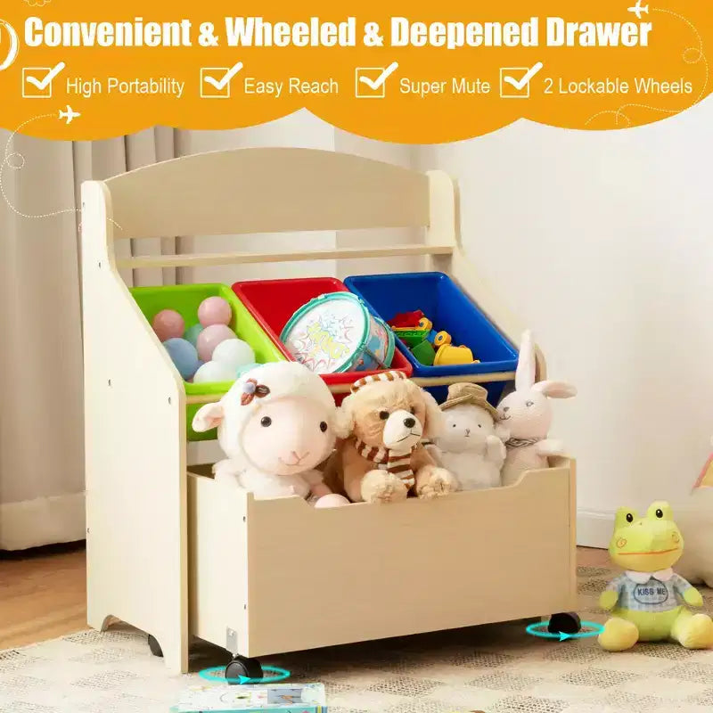 Mueble Organizador de Juguetes de Madera para Niños Costway con Caja de Juguetes con Ruedas y Contenedores de Plástico Natural/Espresso