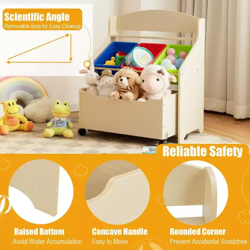 Mueble Organizador de Juguetes de Madera para Niños Costway con Caja de Juguetes con Ruedas y Contenedores de Plástico Natural/Espresso