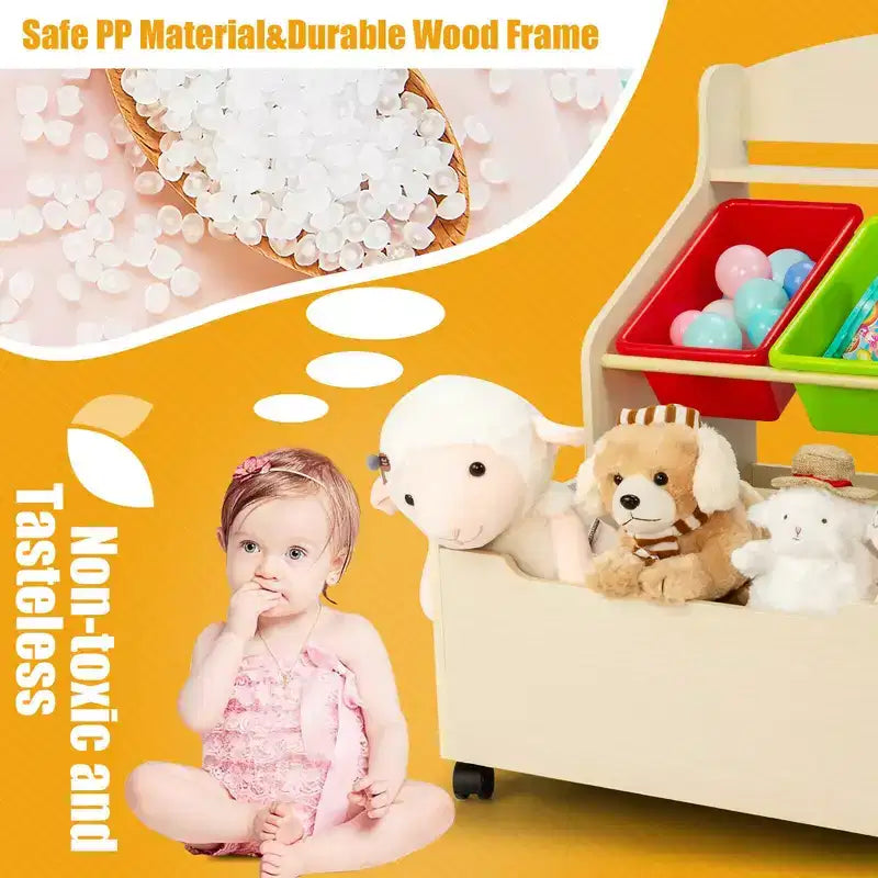 Mueble Organizador de Juguetes de Madera para Niños Costway con Caja de Juguetes con Ruedas y Contenedores de Plástico Natural/Espresso