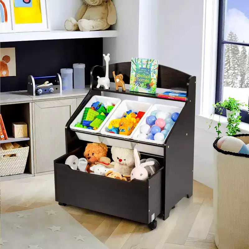 Mueble Organizador de Juguetes de Madera para Niños Costway con Caja de Juguetes con Ruedas y Contenedores de Plástico Natural/Espresso