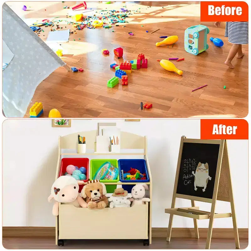Mueble Organizador de Juguetes de Madera para Niños Costway con Caja de Juguetes con Ruedas y Contenedores de Plástico Natural/Espresso