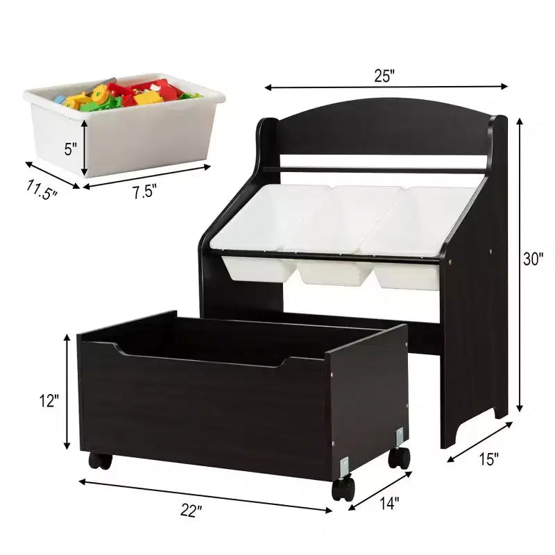 Mueble Organizador de Juguetes de Madera para Niños Costway con Caja de Juguetes con Ruedas y Contenedores de Plástico Natural/Espresso