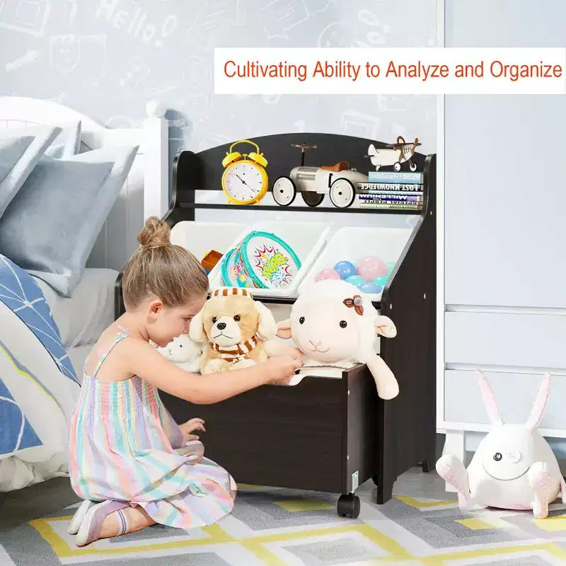 Mueble Organizador de Juguetes de Madera para Niños Costway con Caja de Juguetes con Ruedas y Contenedores de Plástico Natural/Espresso