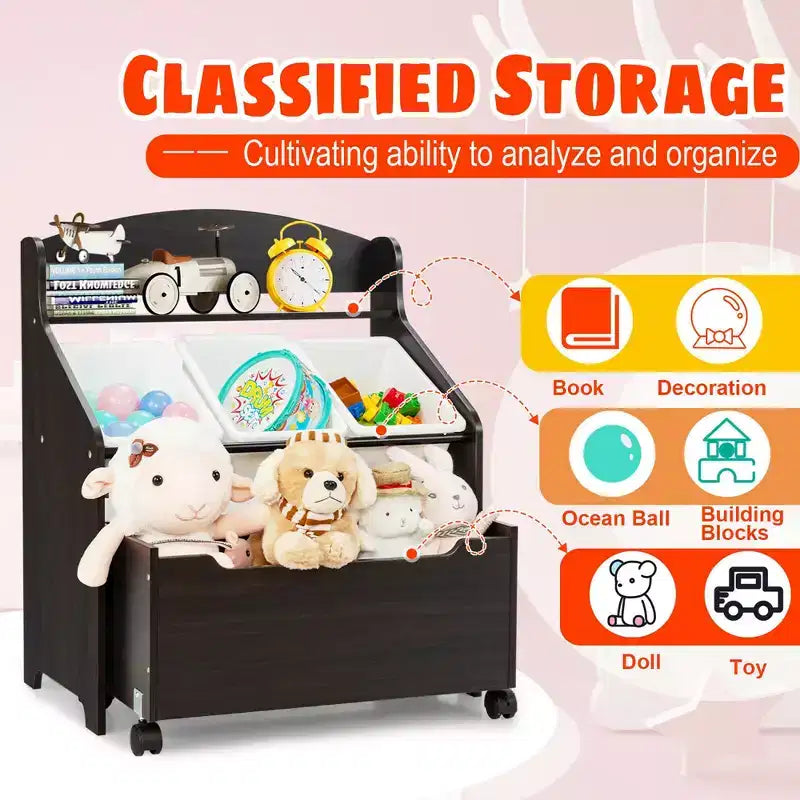 Mueble Organizador de Juguetes de Madera para Niños Costway con Caja de Juguetes con Ruedas y Contenedores de Plástico Natural/Espresso