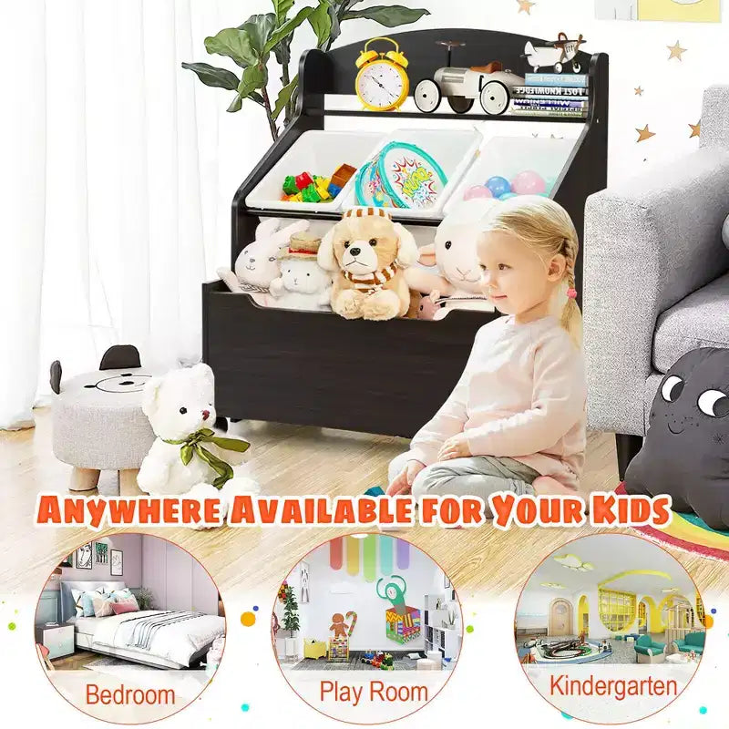 Mueble Organizador de Juguetes de Madera para Niños Costway con Caja de Juguetes con Ruedas y Contenedores de Plástico Natural/Espresso