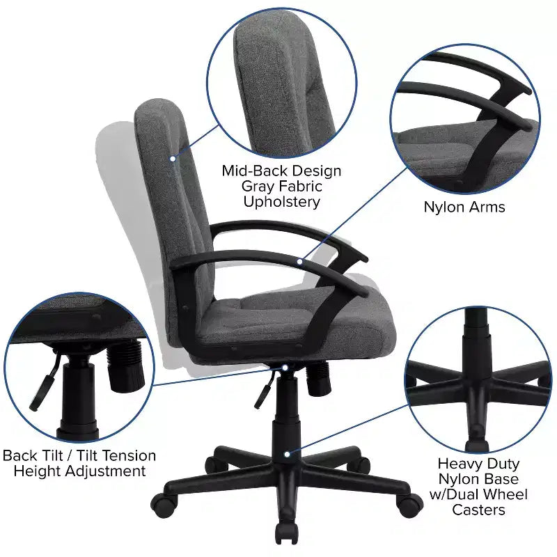 Silla de oficina ejecutiva giratoria de tela de respaldo medio Emma y Oliver con brazos de nylon